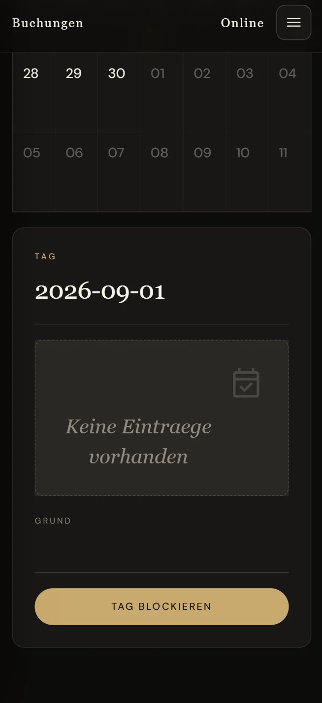 Kalender mit Tagesdetail und Button Tag blockieren