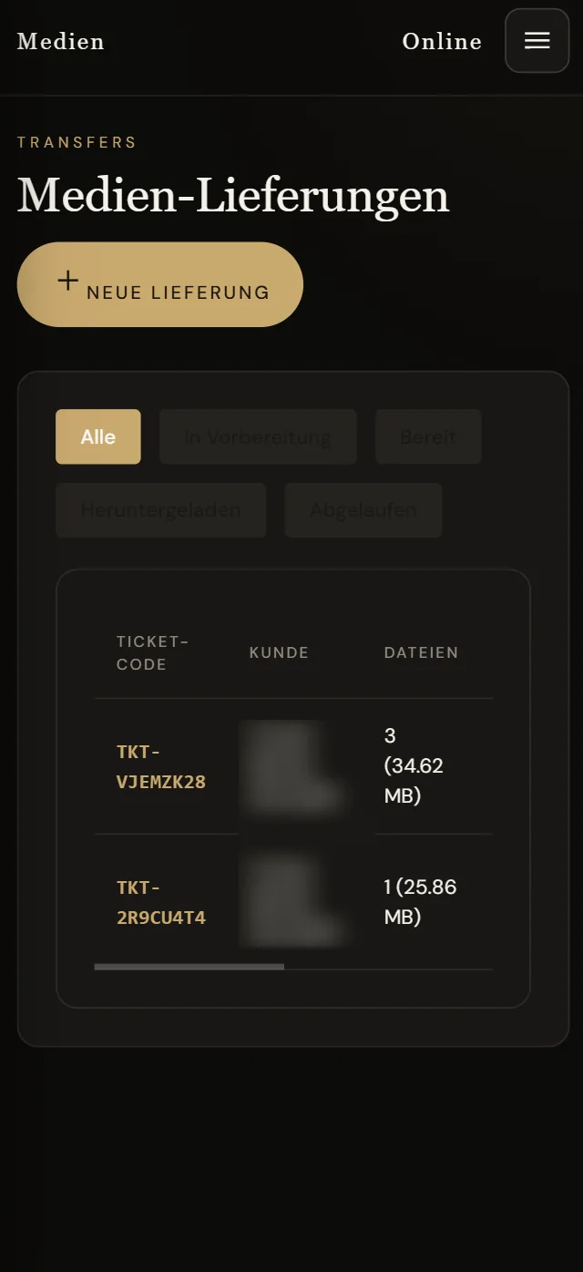 Medien-Lieferungen mit Ticket-Code und Dateien