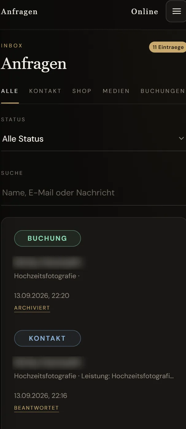 Inbox mit Filtern nach Kontakt, Shop, Medien und Buchungen