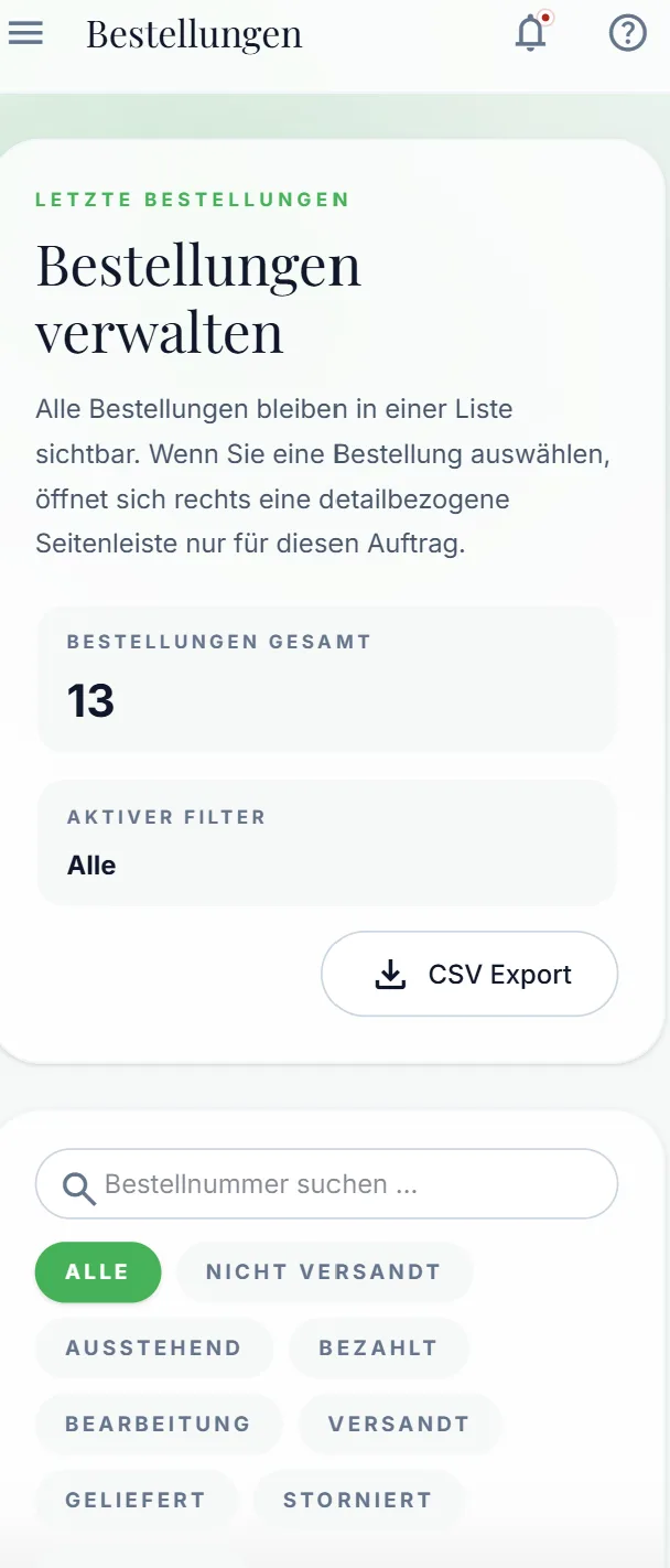 Bestellungen verwalten mit Statusfiltern und CSV-Export