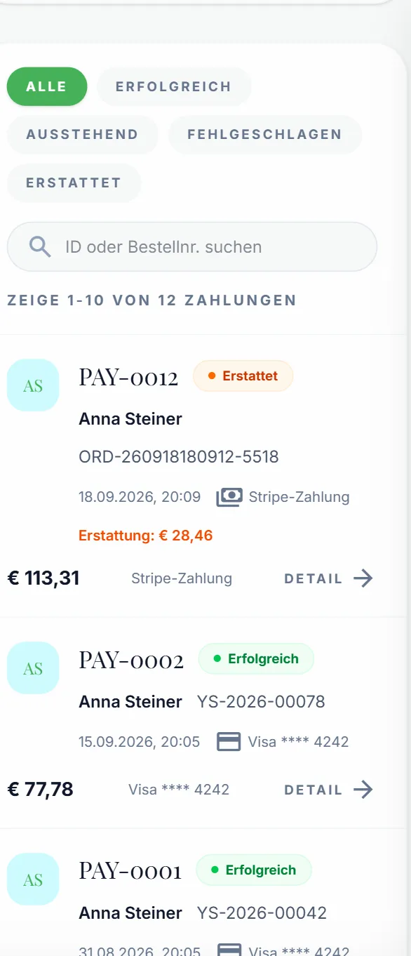 Zahlungsliste mit Status und Zahlungsart