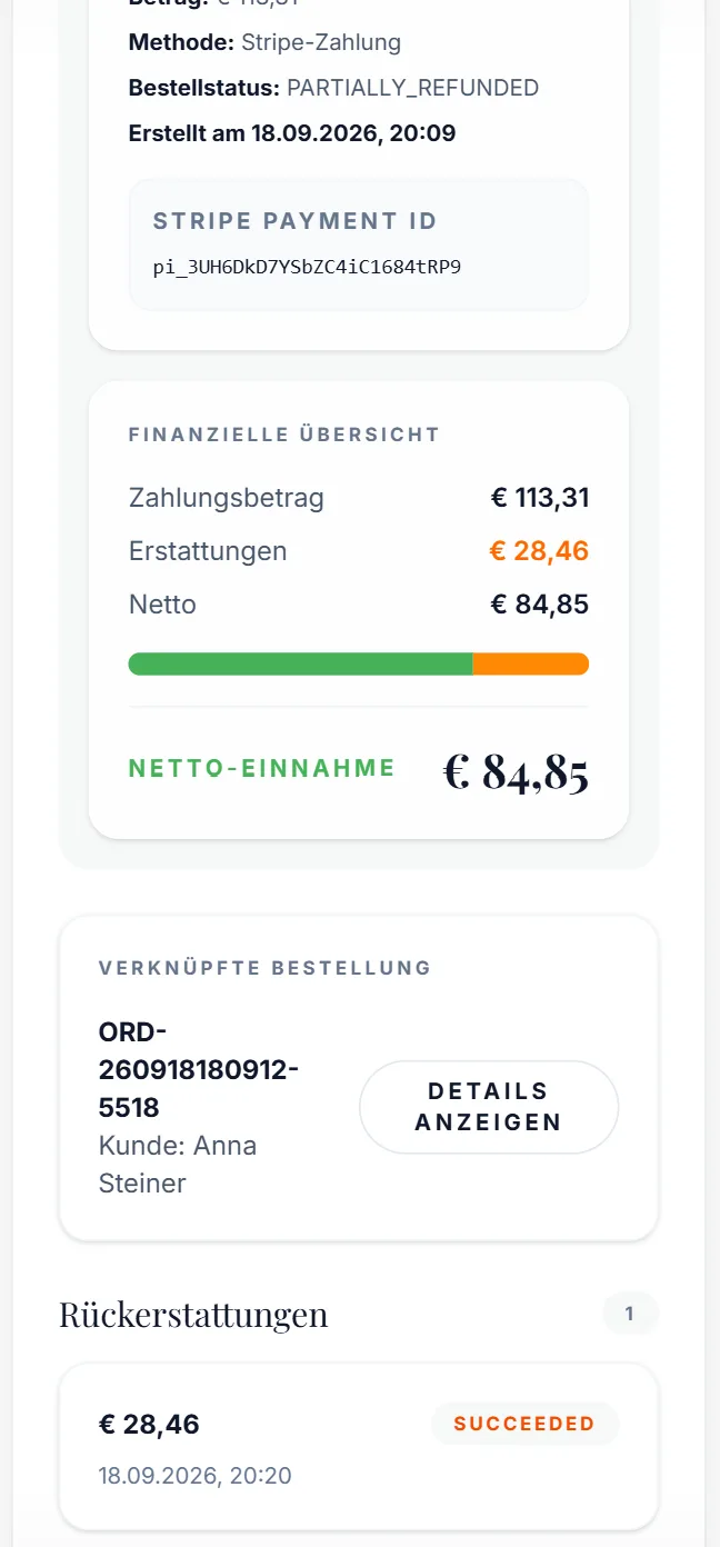 Zahlungsdetail mit Erstattung und Netto-Einnahme
