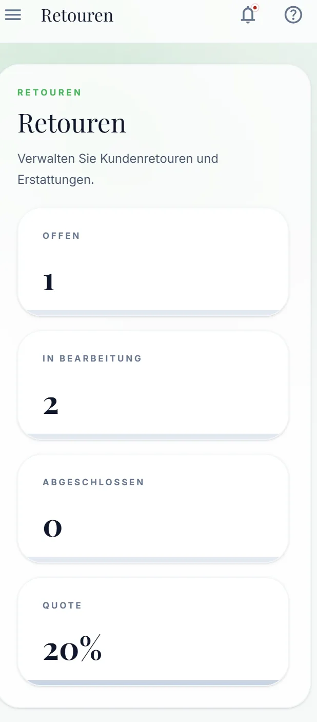 Retouren-Übersicht mit offen, in Bearbeitung, abgeschlossen und Quote